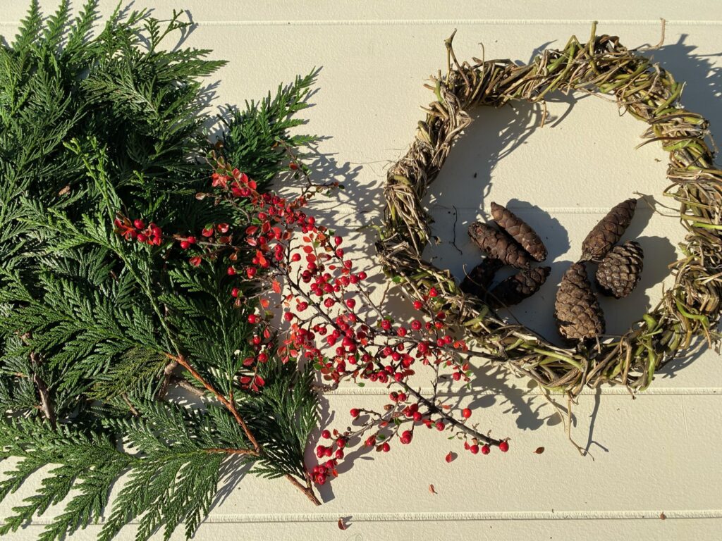 items for making a Christmas wreath